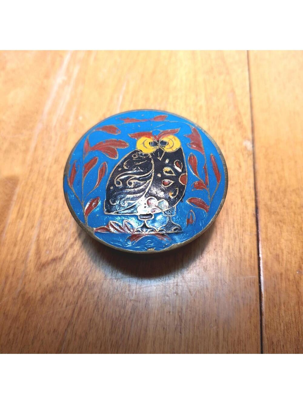 Vintage Brass Enamel Cloisonné OWL Lidded Round Trinket Dish 2.5" W X 1"H